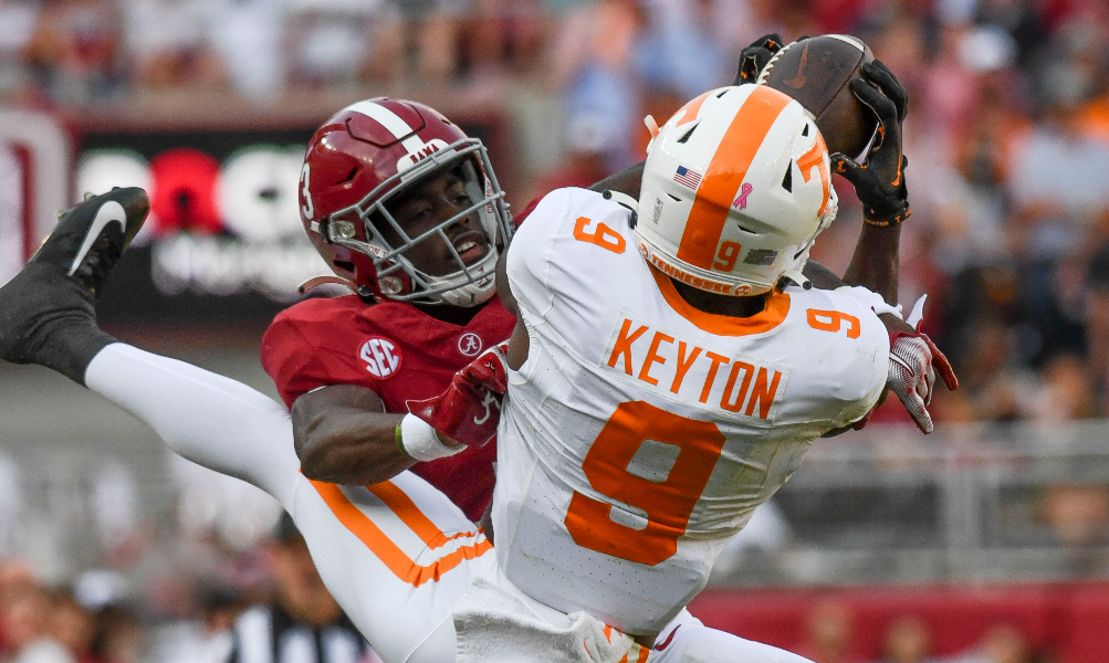 Alabama defensive back Terrion Arnold defends a pass against Tennessee