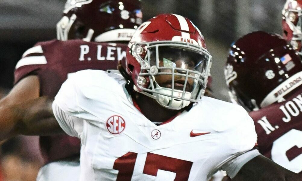 Alabama LB Trezmen Marshall (#17) pressuring Miss. State QB Will Rogers (#2).