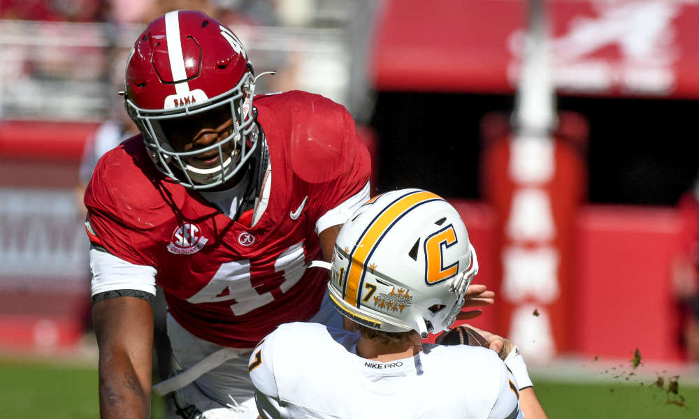 Alabama linebacker Chris Braswell sacks Chattanooga quarterback Luke Schomburg