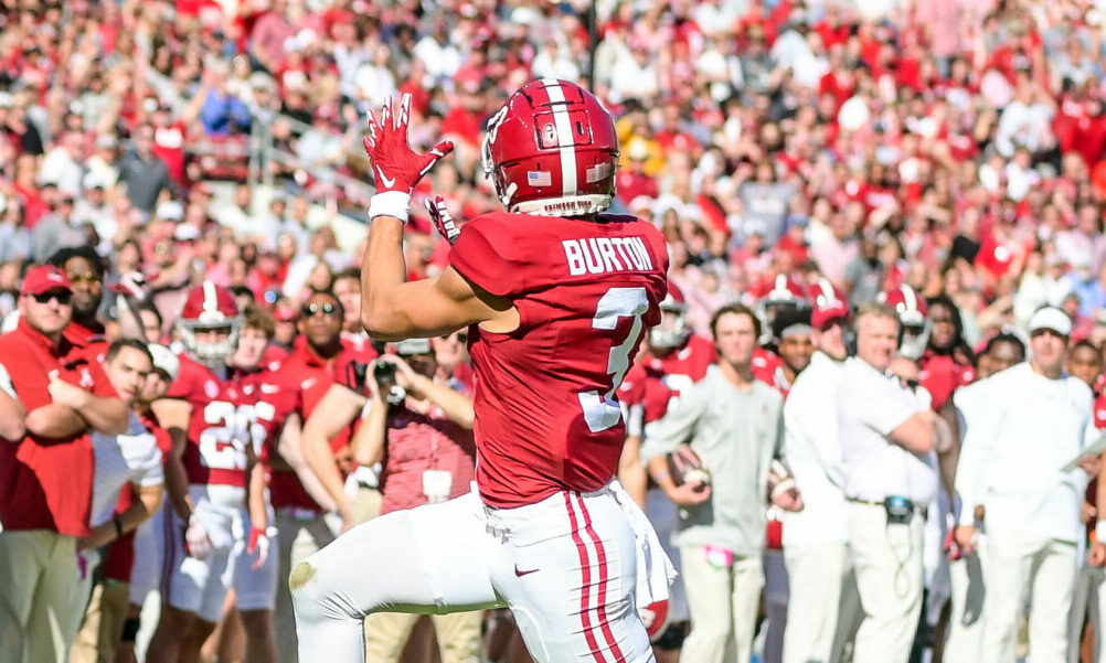 Alabama WR Jermaine Burton (No. 3) about to watch a touchdown pass from Jalen Milroe versus UTC on senior day.