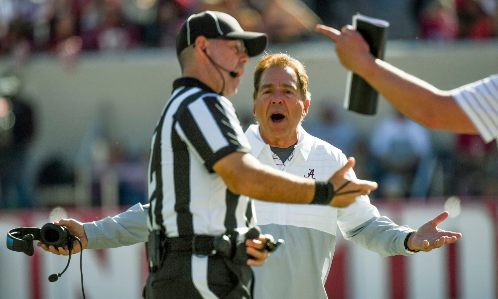 Alabama head coach Nick Saban argues a call with the official against UTC