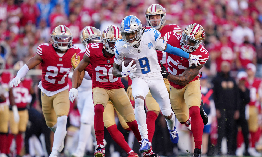 Detroit Lions wide receiver Jameson Williams scores a touchdown against the San Francisco 49ers in the NFC Championship
