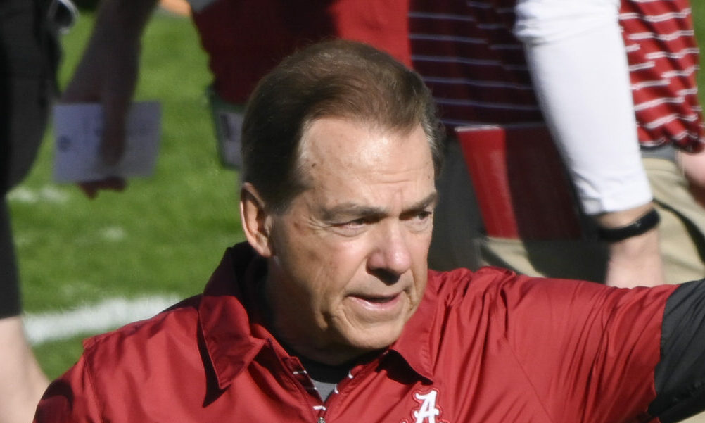 Alabama head coach Nick Saban on the field giving signals before the Rose Bowl against Michigan.