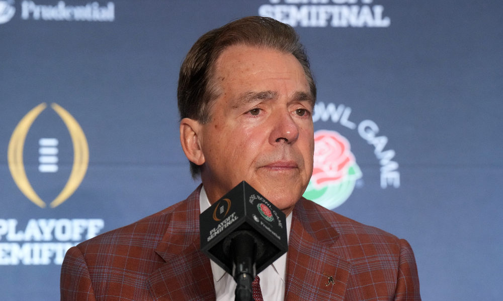 Alabama head coach Nick Saban takes questions at the Rose Bowl