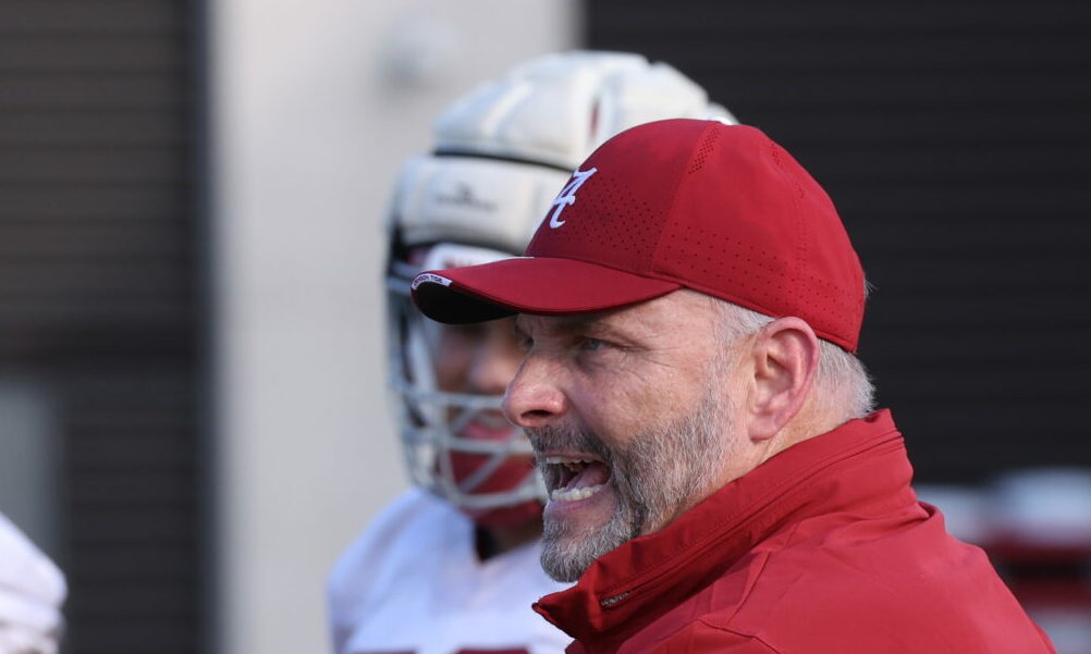 Alabama OL coach Chris Kapilovic on the field for 2024 spring practice with the Crimson Tide's offensive unit.