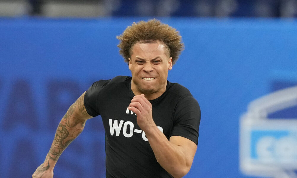 Former Alabama WR Jermaine Burton running the 40-yard dash at the 2024 NFL Scouting Combine.