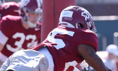 Alabama cornerback Jahlil Hurley (#25) going through drills at Crimson Tide spring practice.