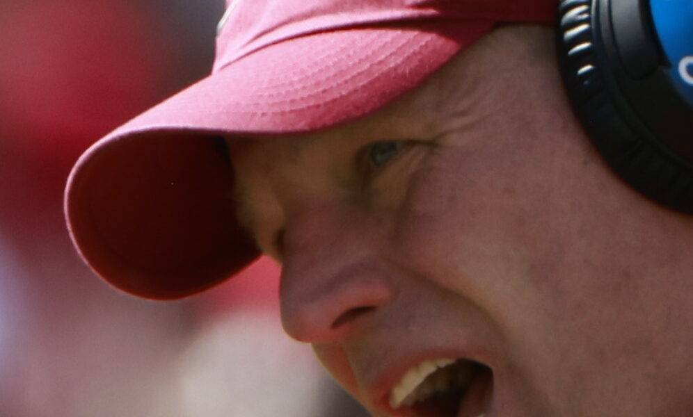 Alabama head coach Kalen DeBoer getting energetic on the sideline during the 2024 A-Day Game.