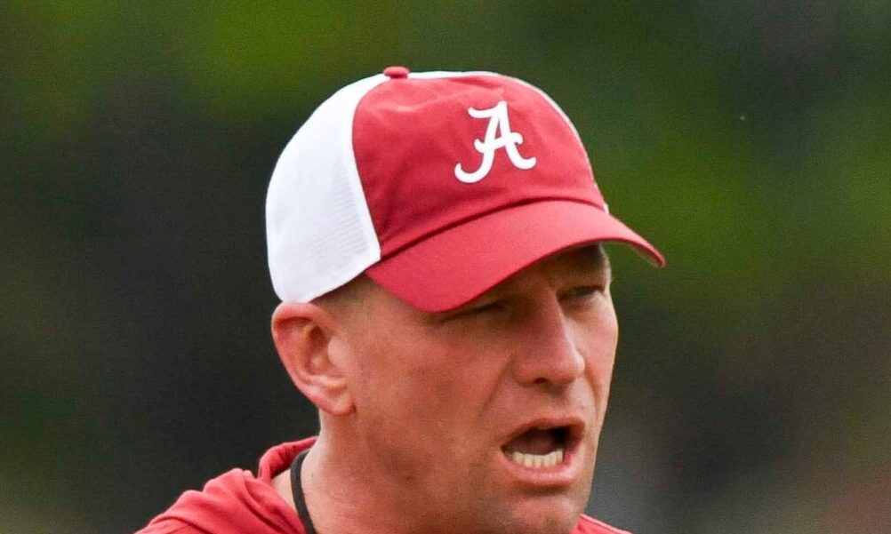 Alabama head coach Kalen DeBoer on the field during 2024 spring practice for the Crimson Tide.