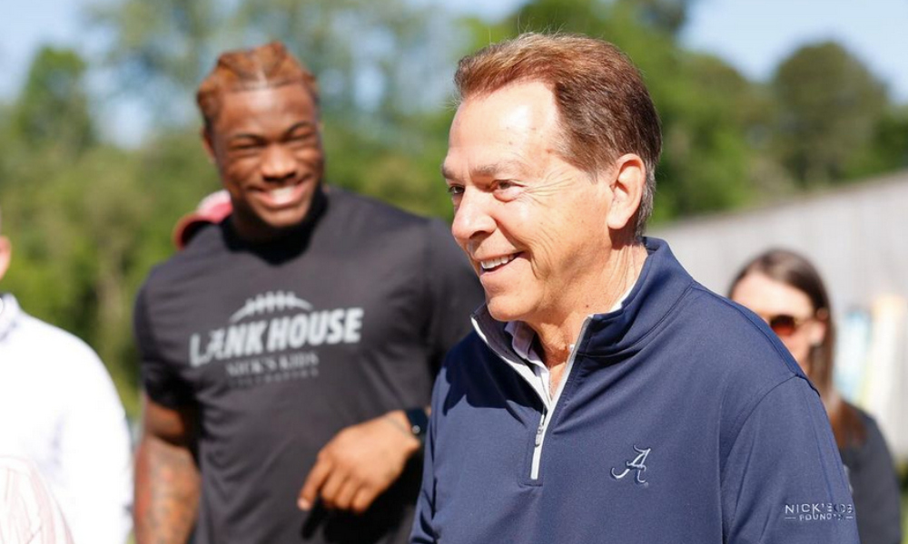 Former Alabama head coach Nick Saban builds the LANK House with Jalen Milroe and other players