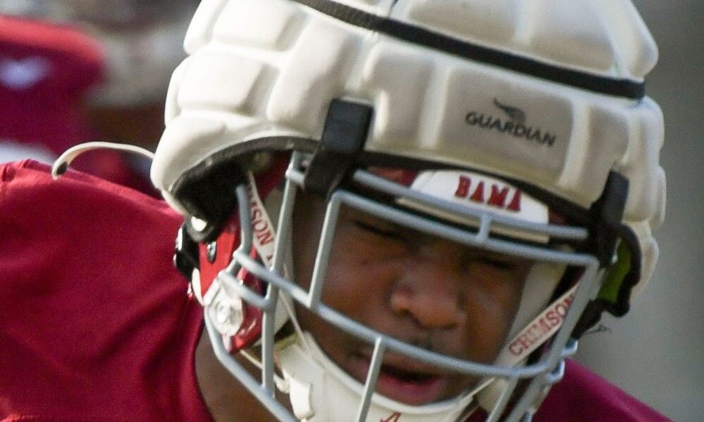 Alabama LB Jihaad Campbell (No. 11) going through positional drills at 2024 spring practice for the Crimson Tide.