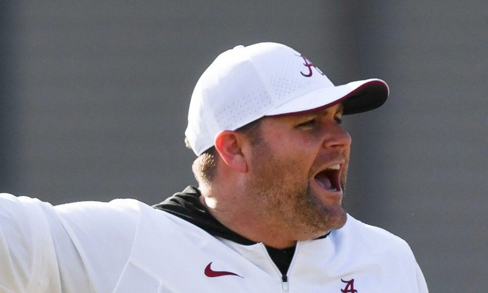 Alabama DC Kane Wommack giving directions to the Crimson Tide's defense in 2024 spring practice.