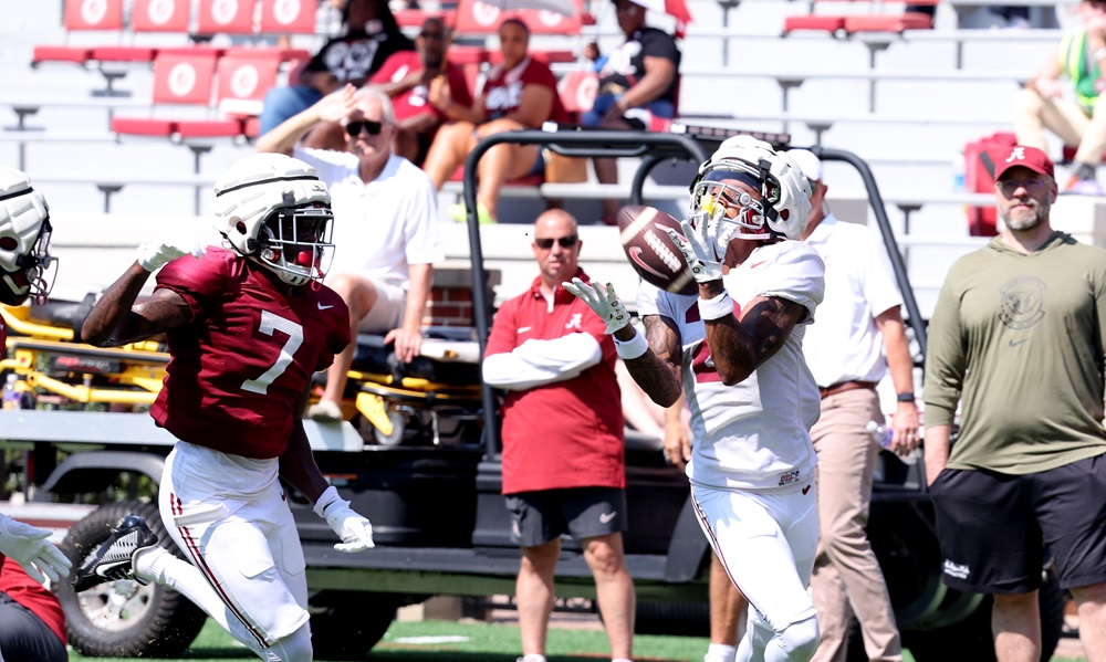 Alabama wide receiver Ryan Williams (#2) makes a catch downfield in the Crimson Tide's scrimmage.