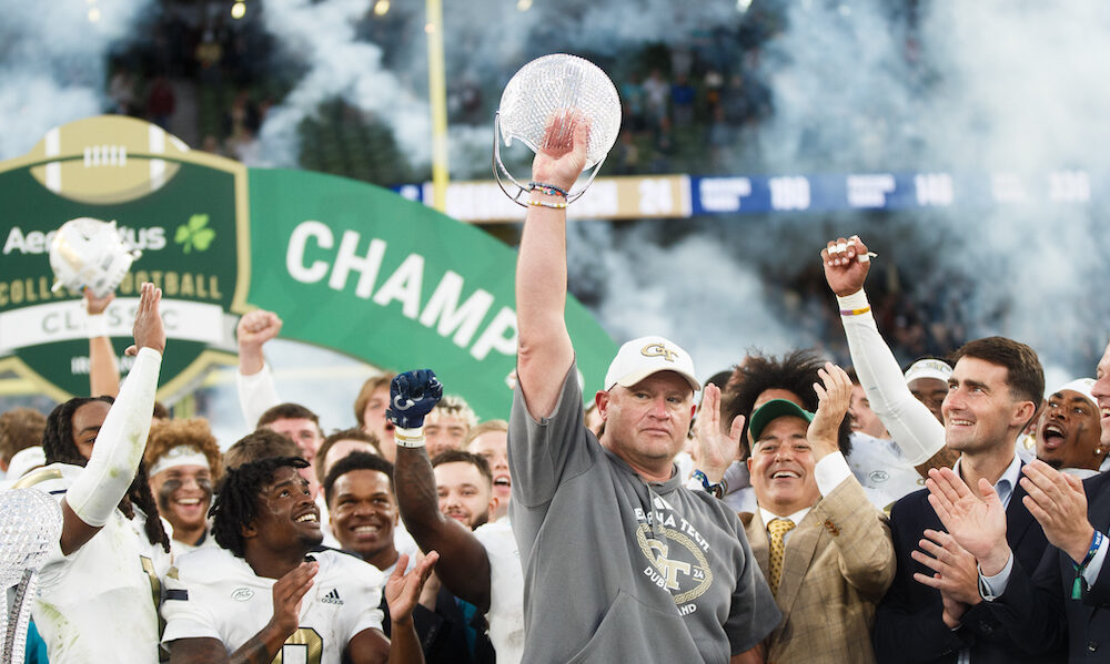 Georgia Tech's head coach Brent Key celebrates a 24-21 victory over Florida State to open 2024 college football season.