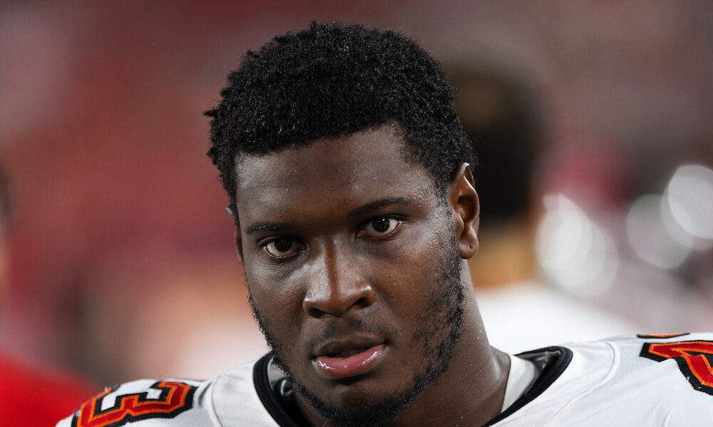 Tampa Buccaneers rookie edge rusher Chris Braswell (#43) on the sideline in 2024 NFL preseason game versus the Miami Dolphins.