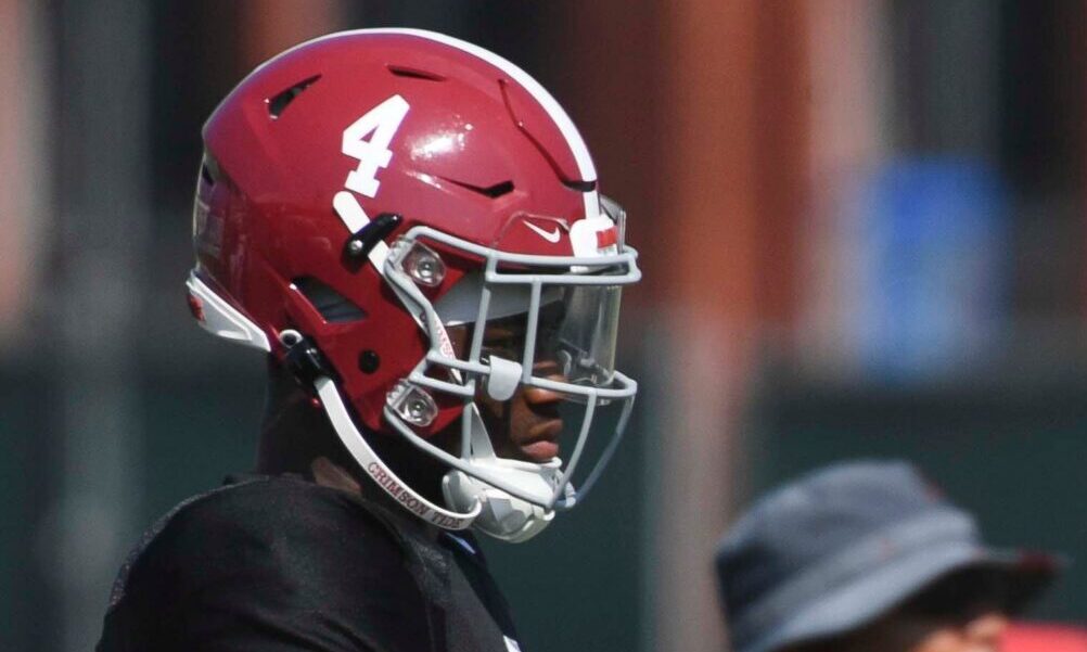 Alabama QB Jalen Milroe (#4) during 2024 fall camp practice.