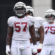Alabama OL Elijah Pritchett (#57) running drills during Crimson Tide's 2024 fall camp practice.