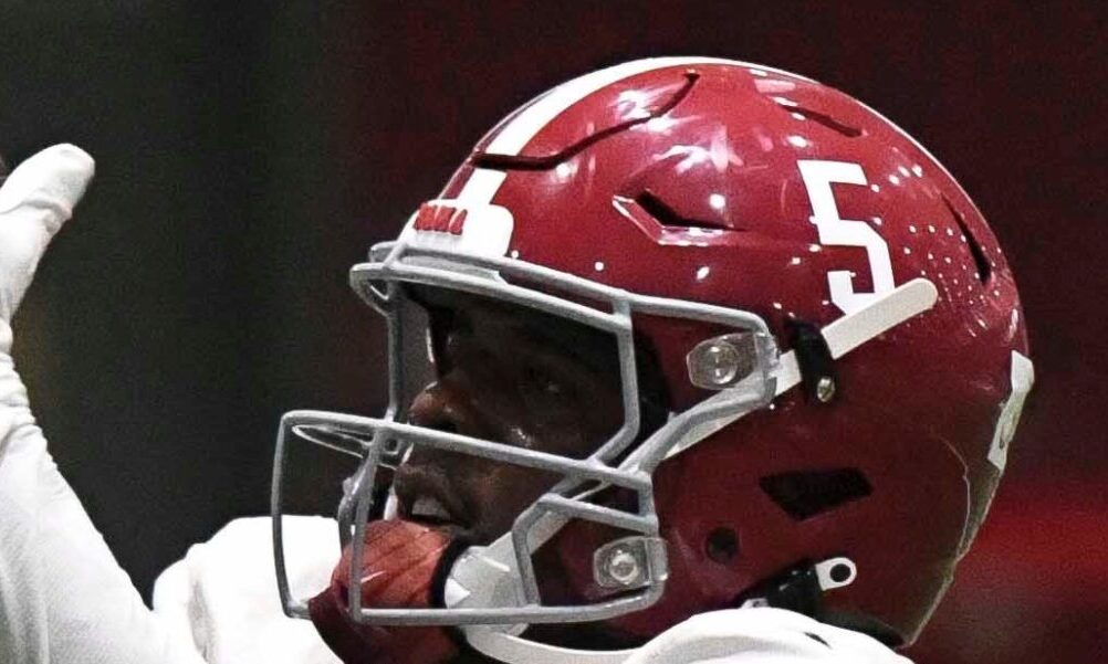 Alabama wide receiver Germie Bernard (#5) makes the catch in Wednesday's fall camp practice.