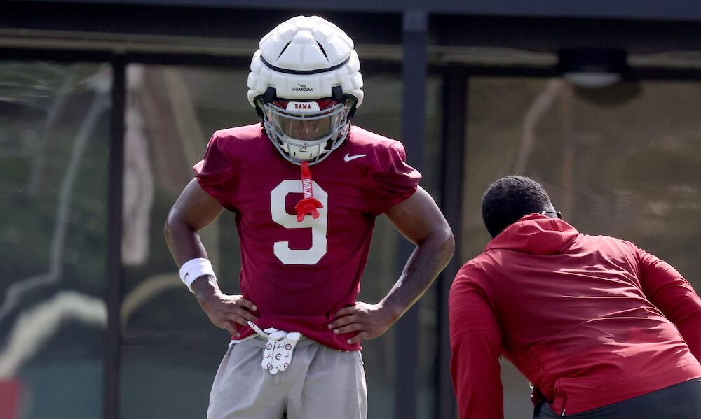 Alabama freshman DB Jaylen Mbakwe (#9) at fall practice with Coach Maurice Linguist.