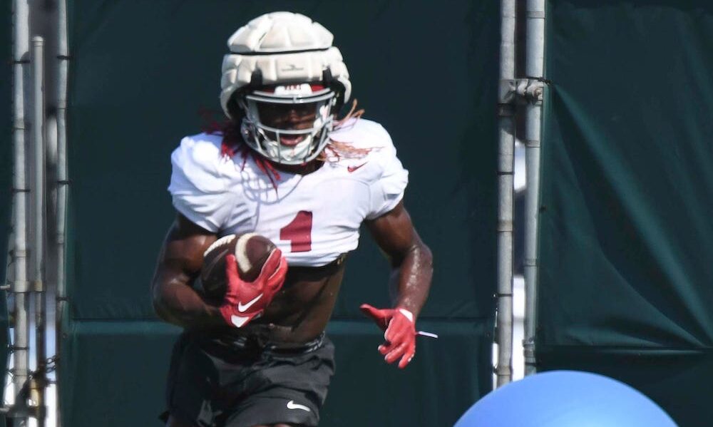 Alabama WR Kendrick Law (#1) working through drills during 2024 Crimson Tide fall camp.