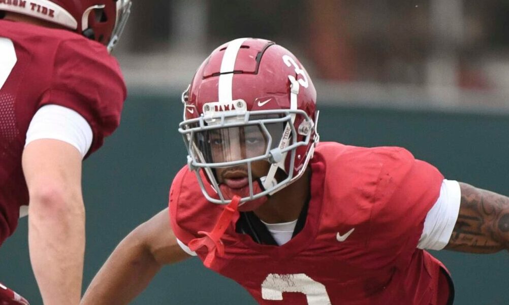 Alabama DB Keon Sabb (No. 3) going through position drills with safeties in Crimson Tide 2024 spring practice.