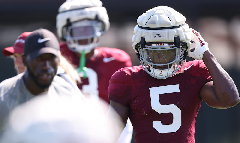 Alabama DB King Mack (#5) going through positional drills in Crimson Tide 2024 fall camp practice.