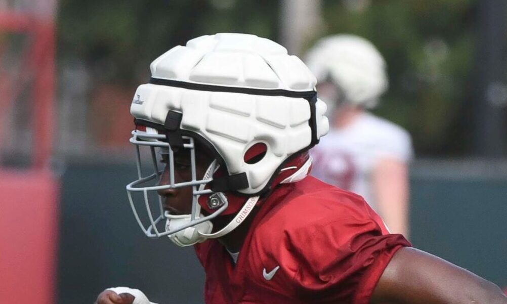 Alabama transfer DB King Mack (#5) working drills with safeties in Thursday's fall camp practice.