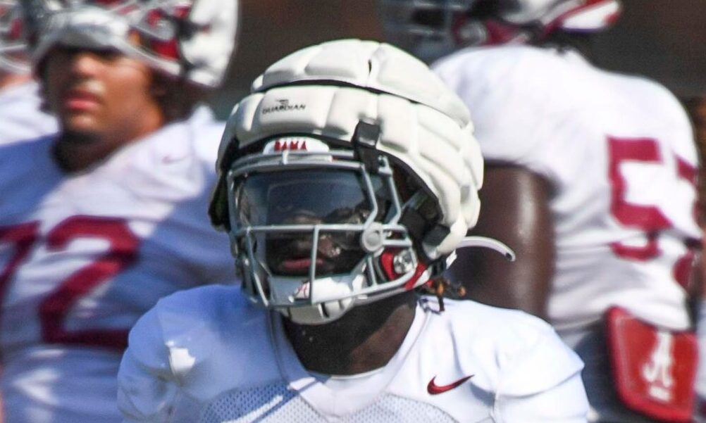 Alabama running back Richard Young (#9) running with the ball during a team period at 2024 fall camp practice.