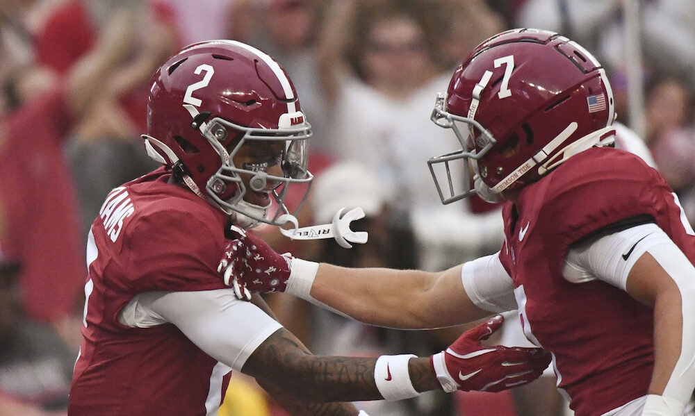 Alabama WR Ryan Williams (#2) celebrates a touchdown with Cole Adams (#7) in Crimson Tide's win over WKU.