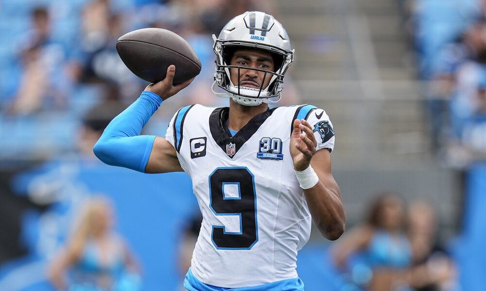 Carolina Panthers QB Bryce Young (#9) drops back to pass in 2024 matchup against the Los Angeles Chargers.