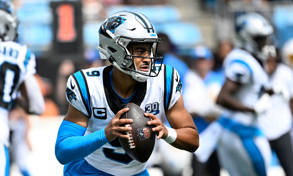 Carolina Panthers quarterback Bryce Young prepares to throw a pass in warmups