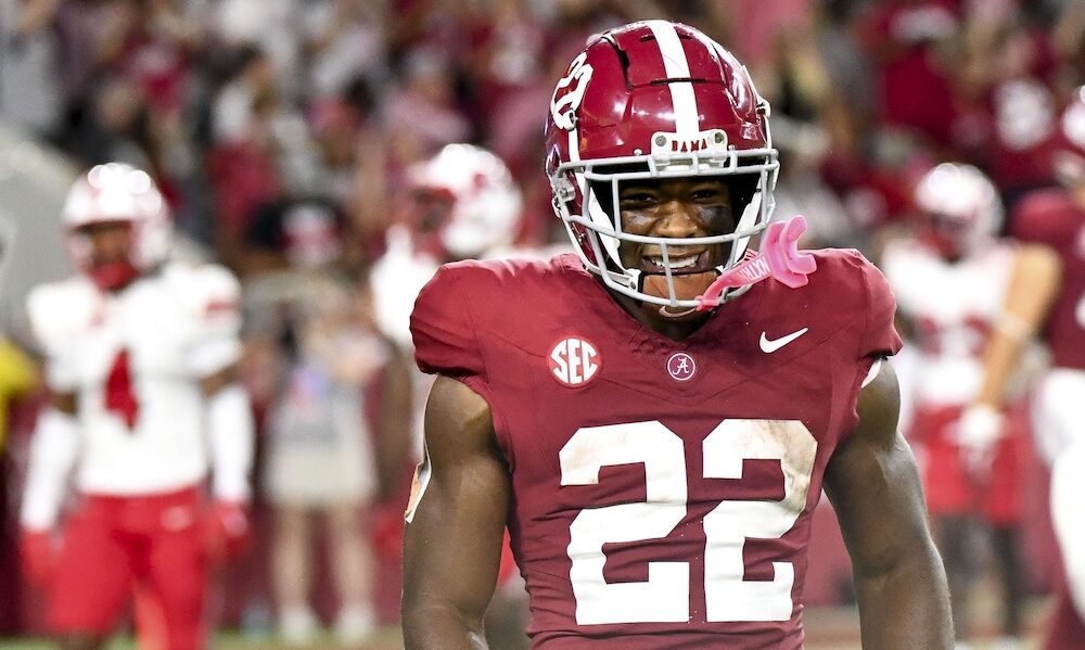 Alabama RB Justice Haynes (#22) reacts after rushing for an 85-yard touchdown in Crimson Tide's 2024 season opener versus WKU.