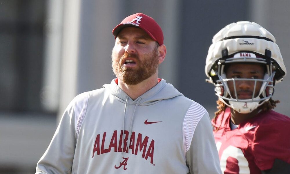 Alabama co-defensive coordinator and safeties coach, Colin Hitschler during spring practice in 2024 for the Crimson Tide.