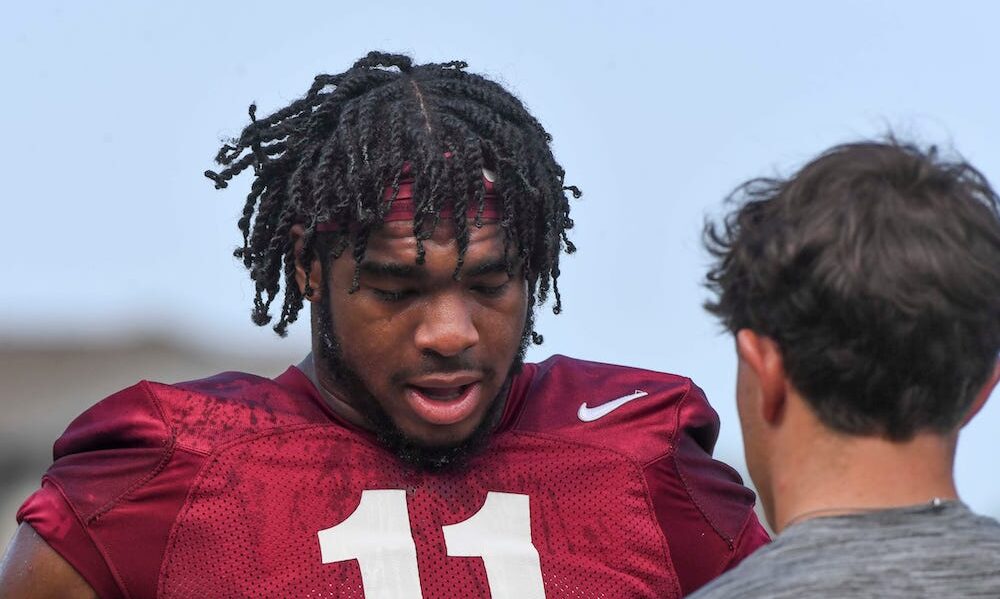 Alabama LB Jihaad Campbell (#11) during fall camp practice for the Crimson Tide.