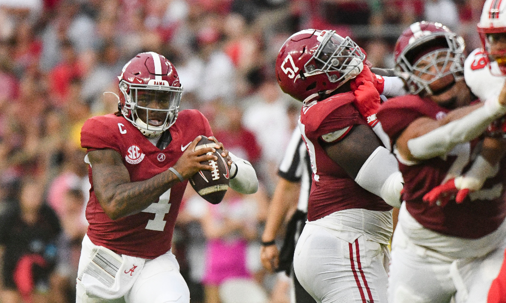 Alabama quarterback Jalen Milroe takes off running against WKU