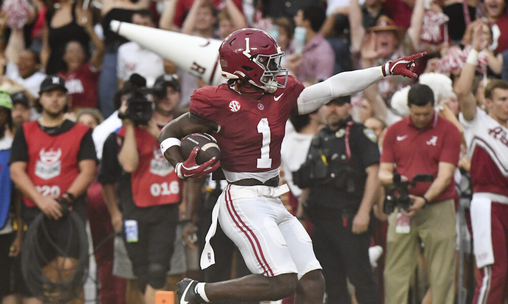 Alabama WR Kendrick Law (#1) celebrates after scoring a touchdown versus Western Kentucky in 2024 season opener.