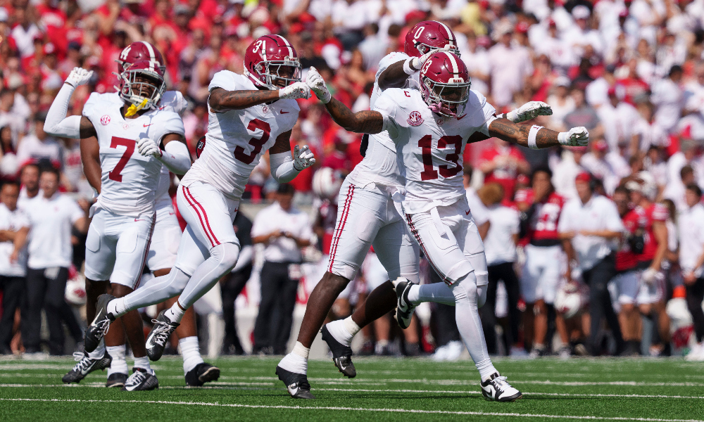 Alabama DB Malachi Moore celebrates a turnover against Wisconsin