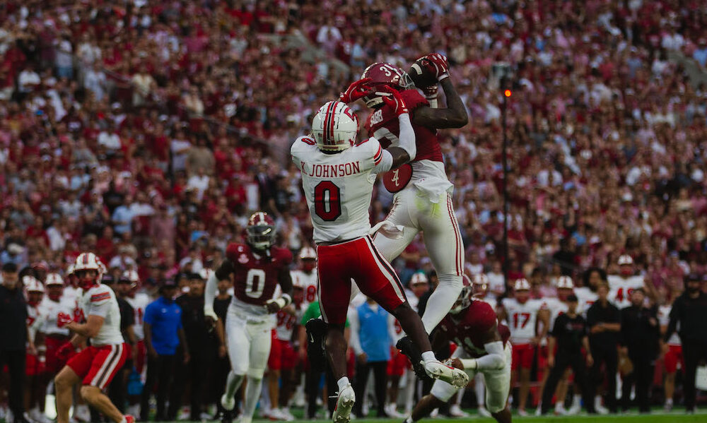 Alabama safety Keon Sabb (#3) records an interception against Western Kentucky in Crimson Tide's 2024 season opener.