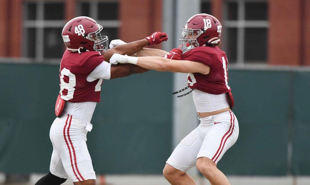 Alabama DB Bray Hubbard (#18) in practice for the Crimson Tide.