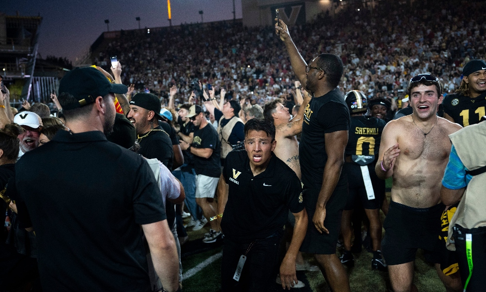 Vanderbilt fans celebrates after knocking off the Alabama Crimson Tide 40-35 at Vanderbilt Stadium in Nashville, Tenn., Saturday, Oct. 5, 2024.