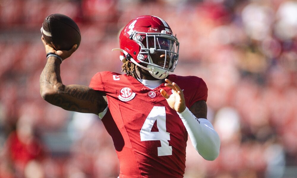 Alabama quarterback Jalen Milroe throws a pass against Mercer