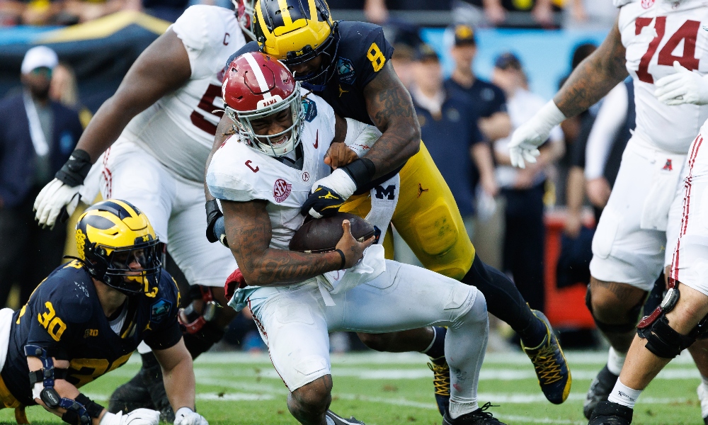 Alabama quarterback Jalen Milroe sacked by Michigan front in ReliaQuest Bowl