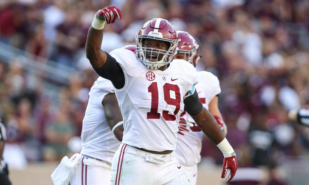 Oct 17, 2015; College Station, TX, USA; Alabama Crimson Tide linebacker Reggie Ragland (19) reacts after a play during the third quarter against the Texas A&M Aggies at Kyle Field. The Crimson Tide defeated the Aggies 41-23.