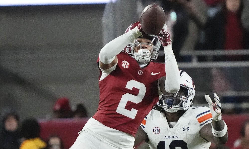 Alabama freshman DB Zabien Brown (#2) records an interception in the 2024 Iron Bowl against Auburn.