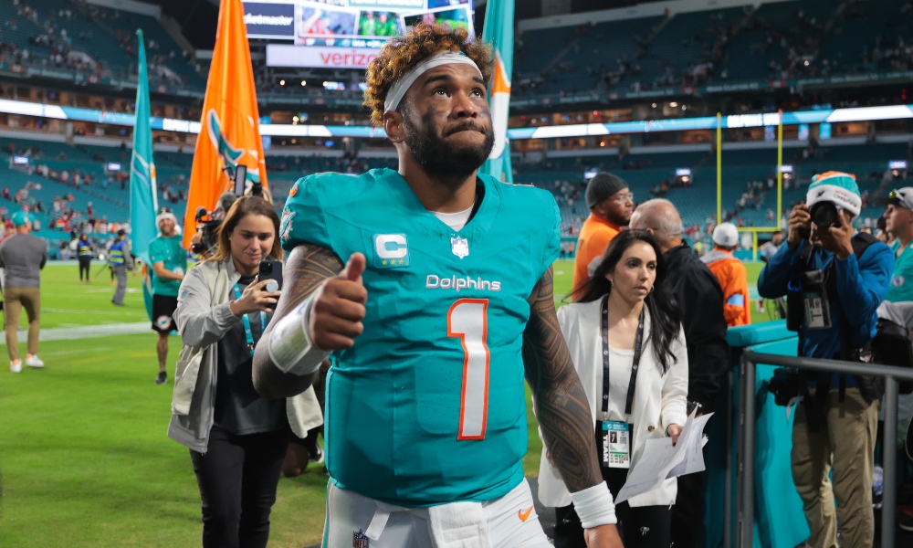 Miami Dolphins quarterback Tua Tagovailoa (1) reacts front field after theme against the San Francisco 49ers at Hard Rock Stadium.