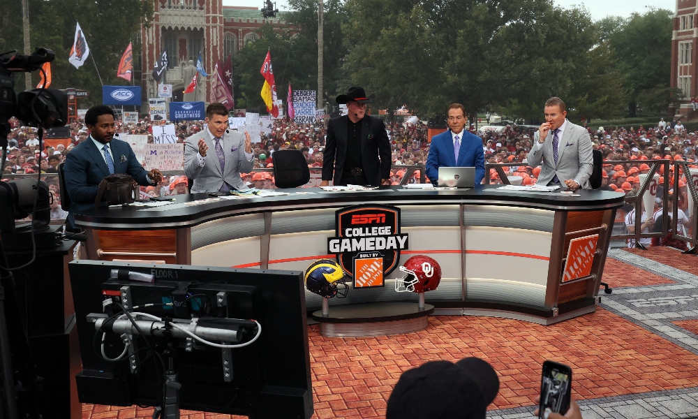 ESPN's College Gameday crew including Kirk Herbstreit, Nick Saban, Reece Davis, Desmond Howard and Pat McAfee