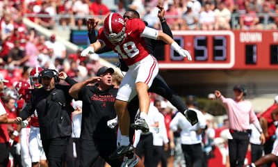 Alabama DB Bray Hubbard (#18) celebrates after making a huge play in 2025 versus Wisconsin.