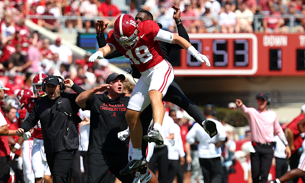 Alabama DB Bray Hubbard (#18) celebrates after making a huge play in 2025 versus Wisconsin.