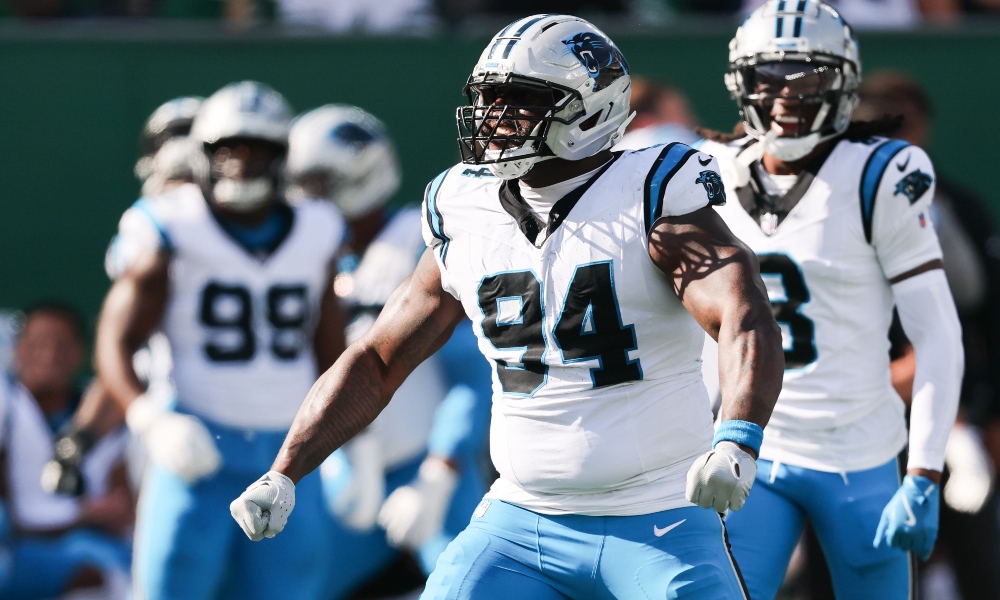 Carolina Panthers defensive end A'Shawn Robinson (94) reacts after a sack in the second quarter against the New York Jets at MetLife Stadium.