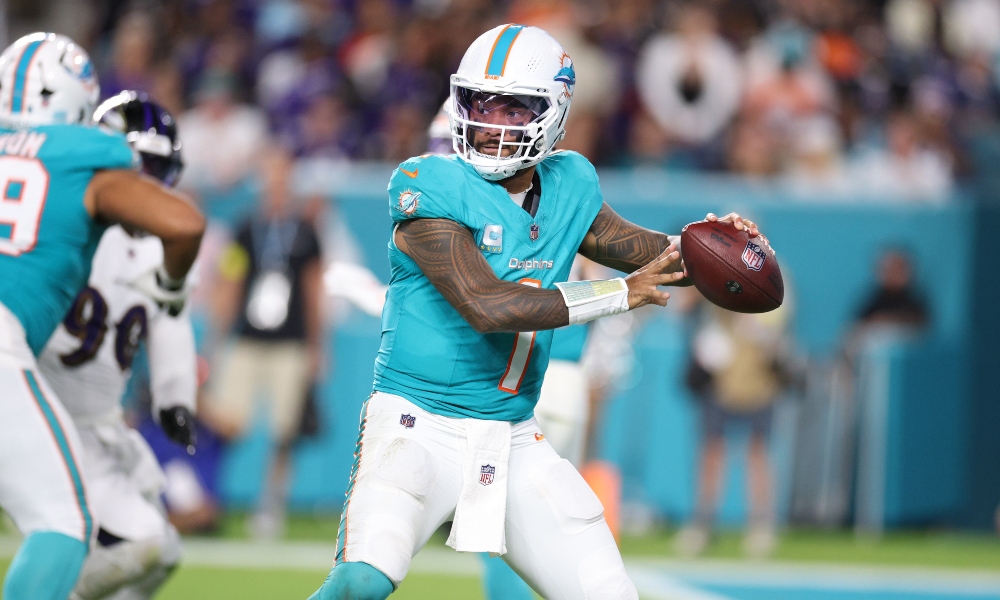 Miami Dolphins quarterback Tua Tagovailoa drops back to pass against the Baltimore Ravens on Thursday Night Football